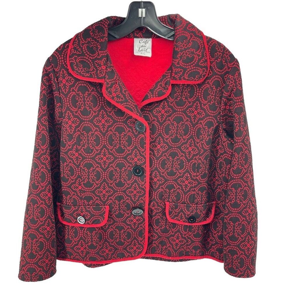 Cafe Au Lait Womens Vintage Blazer Jacket Patterned Button Up Black Red Large